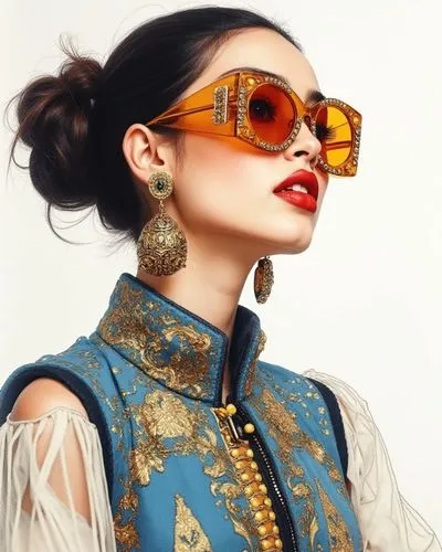 fashion show's atmosphere,, black sleeves below it Top fashion poster, female model wearing a pair of stylish earrings made with gold, contour light, ear close-up, fine skin texture, earrings highligh