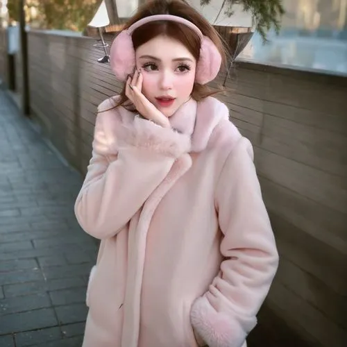 a girl wearing pink earmuffs and a pink coat,audino,pinklao,pinkola,fur coat,soft pink,earmuffs,pink hat,harajuku,fur,chiffon,anfisa,winter dress,japanese kawaii,pinkaew,kawaii pig,baby pink,coat,long