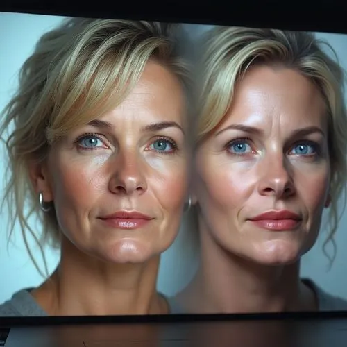 A huge screen, with two faces side by side:
On the left hand a complete face of an average 49 years old woman, short wavy, subtle disheveled mid blond hair, on the right side the same face of the woma