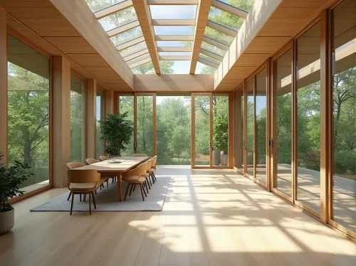 Minimalist home office, transparent glass walls, natural wood accents, greenery views, plenty of windows, sliding doors, clerestory windows, skylights, soft warm lighting, indirect sunlight, diffused 