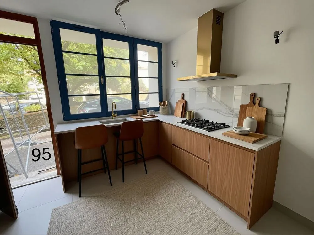 a large kitchen with a stove top oven sitting next to a door