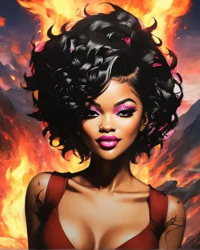 (Fire||burning magma),a painting of a beautiful woman with a bright face,vrih,fire background,azealia,navys,rih,rhianna