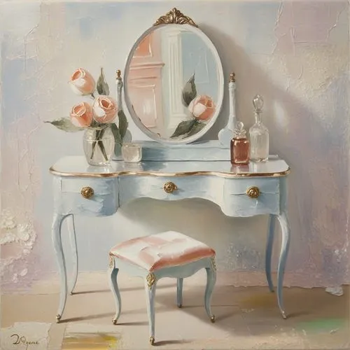 a dressing table of nineteenth century, with a mirror and a chair, vintage