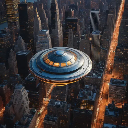 UFO above New York,flying saucer,saucer,unidentified flying object,ufo,futuristic architecture,musical dome,roof domes,ufo intercept,radio city music hall,ufos,alien invasion,helipad,alien ship,futuri