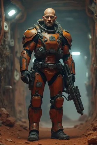Science fiction scene. Space. Exploration robots, Mars. Living quarters with lights and headlights. Photo. Hyper-realistic image. Perfect.,a robot is standing in a tunnel with a gun,garrison,war machi