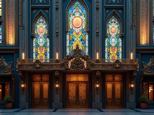 Art Deco building facade, ornate stained glass windows, vibrant geometric patterns, kaleidoscope colors, luxurious materials, metallic frames, intricate designs, opulent architecture, lavish decoratio