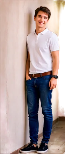 Young adult male, casual wear, white shirt, dark blue jeans, brown leather belt, black sneakers, short messy brown hair, bright smile, relaxed posture, leaning against wall, natural daylight, soft foc