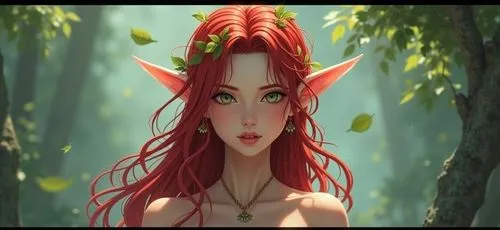 an image of a beautiful fairy girl with red hair,dryads,dryad,faerie,elven,elven forest,faery,elvish,fauns,faun,male elf,wood elf,elven flower,elfin,naiad,the enchantress,druidism,fantasy art,backgrou