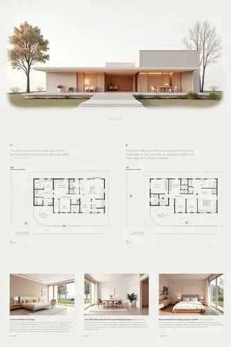 A professional architectural presentation board with a Pure background and a clean, minimalist design layout. The board includes:

Top Section: On the top left, a photorealistic render of a contempora