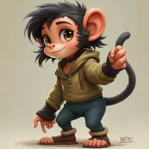 female anthropomorphic monkey ,a cartoonish monkey with black hair holding a cigarette,cute cartoon character,cartoon animal,storybook character,mouse,monkey,cartoon character,cute cartoon image,squir