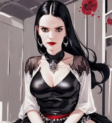 A beautiful buxom seductively dressed woman SHORT SKIRT  Jet black hair and silver eyes. whitest skin, Goth outfit,  long hair style black and red but  very little ,,the young girl in lingerie is look