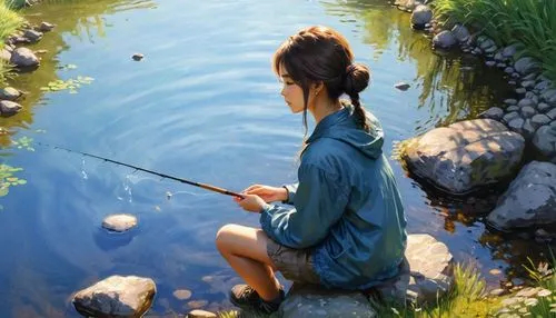 a woman kneeling down next to the river fishing,people fishing,fishing,fishing classes,girl on the river,fishpond,anglers