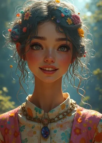 A captivating digital illustration: a central figure of a woman with a vibrant, patterned hairstyle. Her playful smile and rainbow-patterned outfits capture the essence of mystery. The blurred backgro