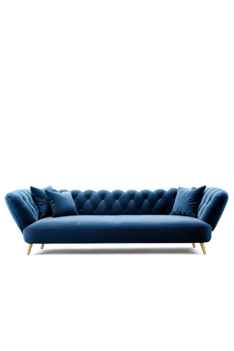 Modern couch, velvet material, dark blue color, tufted design, golden legs, soft cushions, realistic texture, 3/4 composition, warm lighting, cinematic angle, shallow depth of field, cozy atmosphere.,