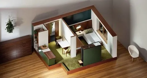 Bedroom and kitchen interior in modern European style. The furniture is made of dark lacquered wood, the bedspreads are made of dark green emerald fabric. The walls are light, a lot of light comes in 