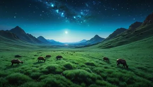 En la constelación de Orión, sobre la hierba azul, sinuosa y brillante de un planeta desconocido, pastan animales desconocidos; en el horizonte se divisan colinas verdes cubiertas de hierba azul.,fant