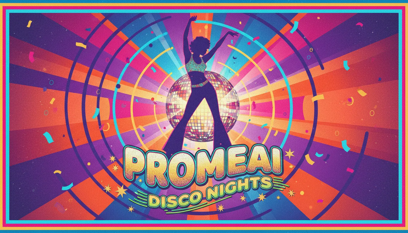 Un poster in stile Disco, vivace ed energetico, creato con PromeAI, con tipografia groovy e un ballerino sotto una palla da discoteca.