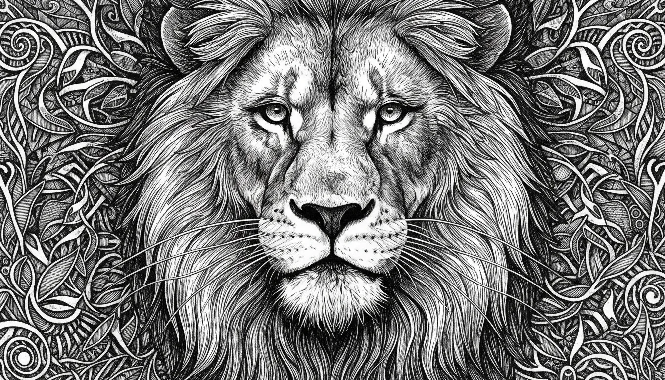 Eine hochdetaillierte, KI-generierte Scratchboard-Illustration eines majestätischen Löwenkopfes, die feine Linien für sein Fell und seine Mähne zeigt.