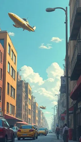 a photorealistic 3d illustration of future bright urban life by Hergé and Moebius. Flying objects going in the urban sky

,an airplane flying over cars and people walking on a street,zeppelins,blimp,b