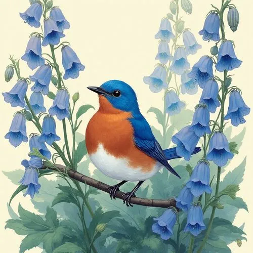 "Créer une illustration numérique très détaillée dans un style naturaliste idéalisé, représentant un magnifique Merlebleu de l'Est mâle (Eastern Bluebird). L'oiseau arbore un plumage d'un bleu saphir 