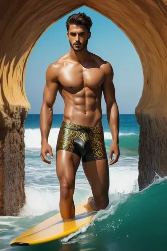 Ein wunderschöner athletischer Kolombiya student Mann sürft im Meer in einem wunderschönen Tunnelwelle und trägt eine Sand gelben  (schwarze Arabic-Calligraphy-ornaments-Wachs latex  gloss) wet fließe
