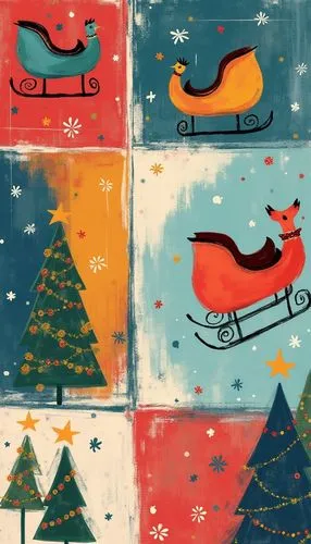 A abstract Christmas wallpaper featuring sleighs, styled with bright and colorful tones, evoking a festive and cheerful atmosphere.,an abstract painting of holiday trees, reindeer, sled, and santa,wat