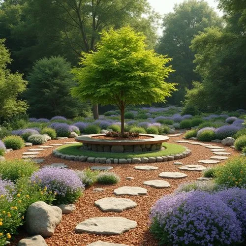 a circular gareden that measures 12x12m. An outside path goes around the outside of the circle made of granite chips with sleepers set into it as stepping stones resembling a train track covered in bi