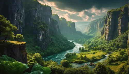 Masterpiece, extreme quality, CG unity 8k wallpaper, ultra-refined, beautiful sky and clouds, rich natural scenery, cliffs, lakes and rivers, waterfalls and flying water, beautiful green mountains, no