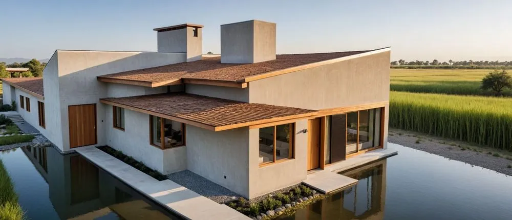 an exterior view of a house next to a lake