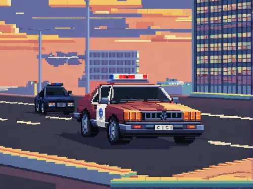 Write a thrilling story about a stolen 1000s coupe being pursued by the police.,pixel art,patrol cars,isuzu trooper,retro vehicle,pixels,toyota hilux,nissan titan,uaz patriot,police car,tow truck,pick