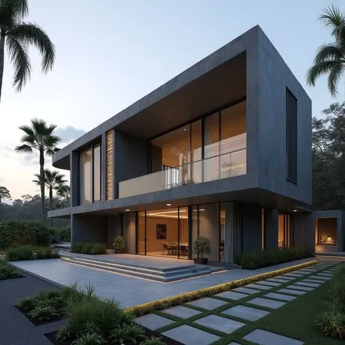 A hyper-realistic, high-resolution architectural photograph of a multi-level, contemporary luxury residence featuring a sleek, geometric design. The exterior is composed of smooth, matte charcoal-gray