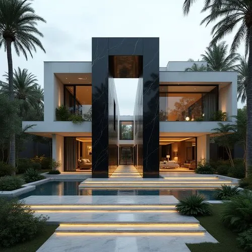 A cutting-edge, ultra-modern luxury residence showcasing bold geometric forms and contrasting materials. The structure centers around a tall, rectangular black-marble archway with subtle white veins,