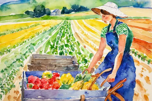 Farmer-Wife-Water-Colour-Painting-by-Frano.jpg,watercolor background,watercolor painting,watercolor,picking vegetables in early spring,watercolor paint,watercolor roses and basket,water color,watercol