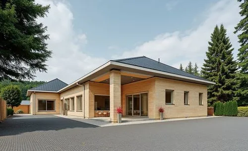 a building made of wood sitting on the side of a road,crematorium,residential house,forest house,timber house,private house,holiday villa,luxury home,luxury property,modern house,wooden house,country