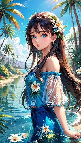 Cielo azul, un hermoso día de verano, palmeras y agua que brilla bajo el sol. Una hermosa mujer de cabello largo adornado con flores.,a young lady standing in a lake surrounded by trees,summer backgro