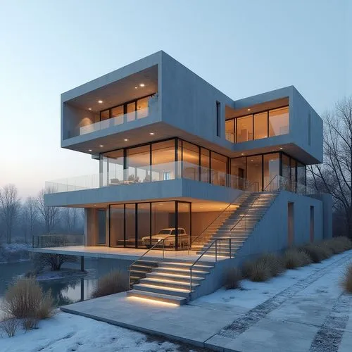 A hyper-realistic, high-resolution architectural photograph capturing a striking, multi-level contemporary home constructed primarily from smooth, exposed concrete. The design is characterized by dram