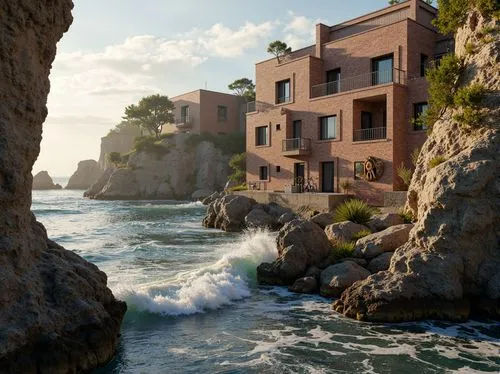 Rugged coastal scenery, crashing waves, salty sea air, weathered brick facades, robust masonry, textured stone walls, durable mortar joints, reinforced foundations, storm-resistant windows, protective