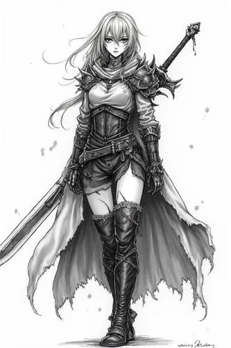 "Black and white manga-style line art of a dark fantasy woman warrior with black thigh-high leather boots, a torn cloak, spiked armor elements, and a massive sword on her back. Gothic atmosphere, inte