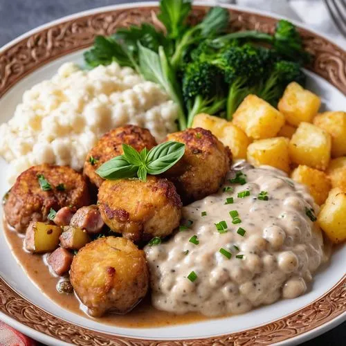 RECIPE NAME : Tater Tot Breakfast Bowl with Sausage Gravy .A close-up photo of a beautifully recipe name . The recipe is placed on a simple. plate with a neutral background. Soft. The dish should be a