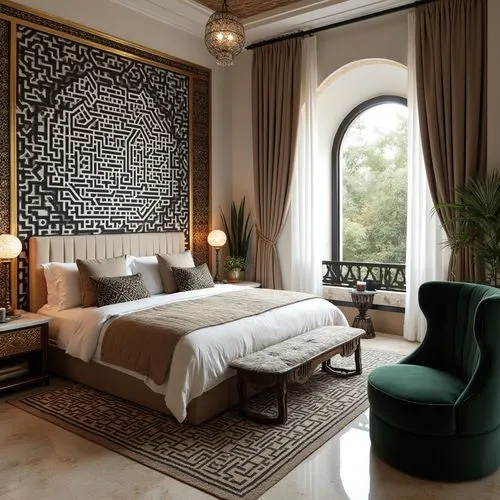 A luxurious Moroccan hotel room blending contemporary design with traditional elements, featuring the 'Black & White / Labyrinth' wallpaper by N.O.W. Edizioni as a dramatic accent wall behind the bed.