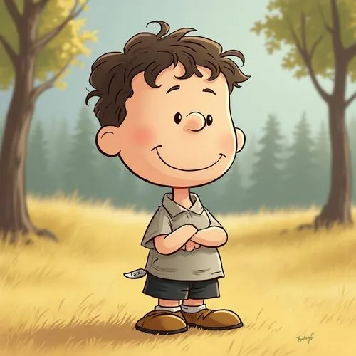 happy child in Peanuts Snoopy style with blurred background,an animated cartoon character standing in the woods,cute cartoon character,autumn icon,cute cartoon image,farmer in the woods,autumn backgro