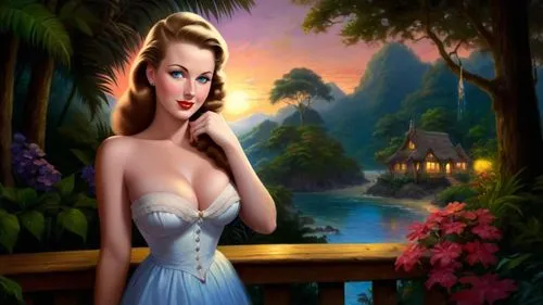 Romantic masterpiece oil painting, cute girl portrait, nostalgic 1950's style kitsch, vibrant rainforest landscape, lush tropical jungle paradise, summer beach vacation seaside cottage sunset scenery,