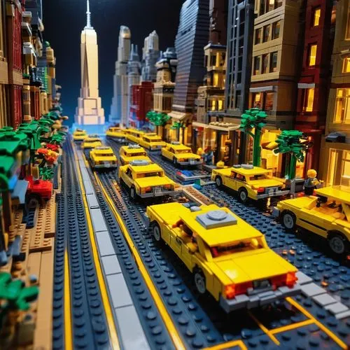 New York City, Lego architecture, skyscrapers, bright lights, night scene, bustling streets, yellow taxis, pedestrians walking, iconic buildings, One World Trade Center, Empire State Building, Chrysle