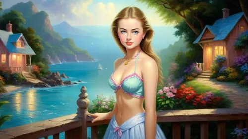 Romantic masterpiece oil painting, cute girl portrait, nostalgic 1950's style kitsch, vibrant seaside cottage landscape, lush tropical paradise, summer beach scenery, by Thomas Kinkade, by Bob Ross,me