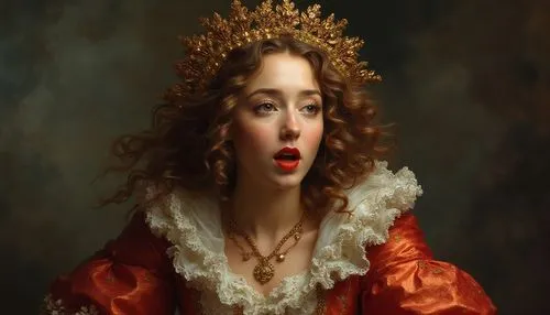 она самовыражается,a woman in an old - fashioned red gown with a gold crown is posing for a portrait,operetta,noblewoman,fantasy portrait,romantic portrait,rococo,portrait of a girl,baroque angel,baro