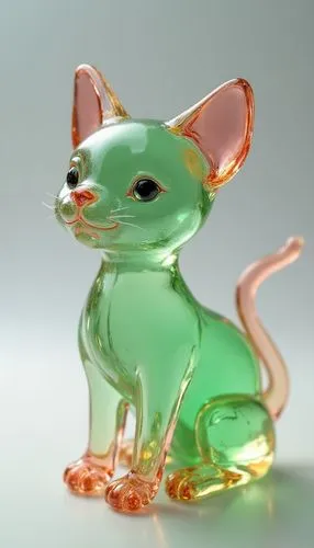 [cat] figurine by glass, in the style of layered translucency, [green] and [pink], Light], 20 megapixels, transparency,green cat figurine made from blown glass,color rat,glass yard ornament,glass orna