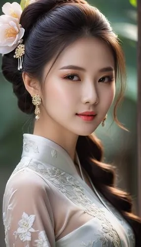 一个女孩
典雅古韵，长发飘逸，温柔笑容

旗袍装束，曼妙身姿，东方韵味

清新脱俗，淡雅妆容，秀外慧中

自然光下，肌肤如雪，柔和光影,a young woman in a traditional chinese outfit is holding a white flower in her hair,hanbok,hanfu,ao dai,vietnamese woman,oriental pr