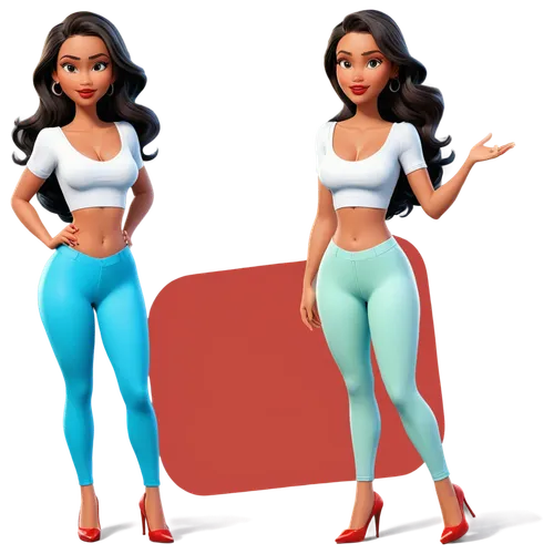 Create only high resolution images, pixar 3d, 4k, character sheet style, like a paper doll, A pose style. She must be wearing light blue spandex leggings with visible panty lines and a transparent blo