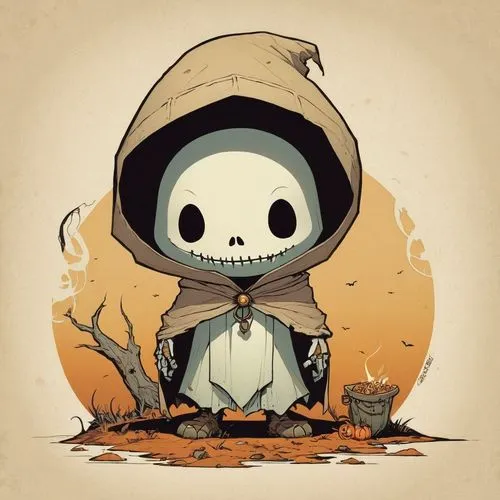 A boo.,skeleton dressed up in a hooded costume and scarf,autumn icon,hooded,skulks,skulked,skull bones,little panda,skull allover,reaper,grim reaper,skulduggery,adventurer,game illustration,scythe,sku
