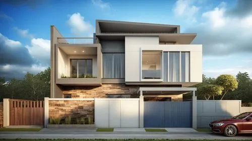 modern elevation,a car parked next to a multi - unit building,modern house,modern architecture,residential house,cubic house,two story house,render,house shape,frame house,smart house,prefab,residence